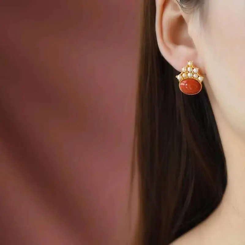 Novo srebro vdelan naravnih južno rdeče sintetičnih biser uhani Kitajski retro palace slog čar ženske blagovne znamke nakit