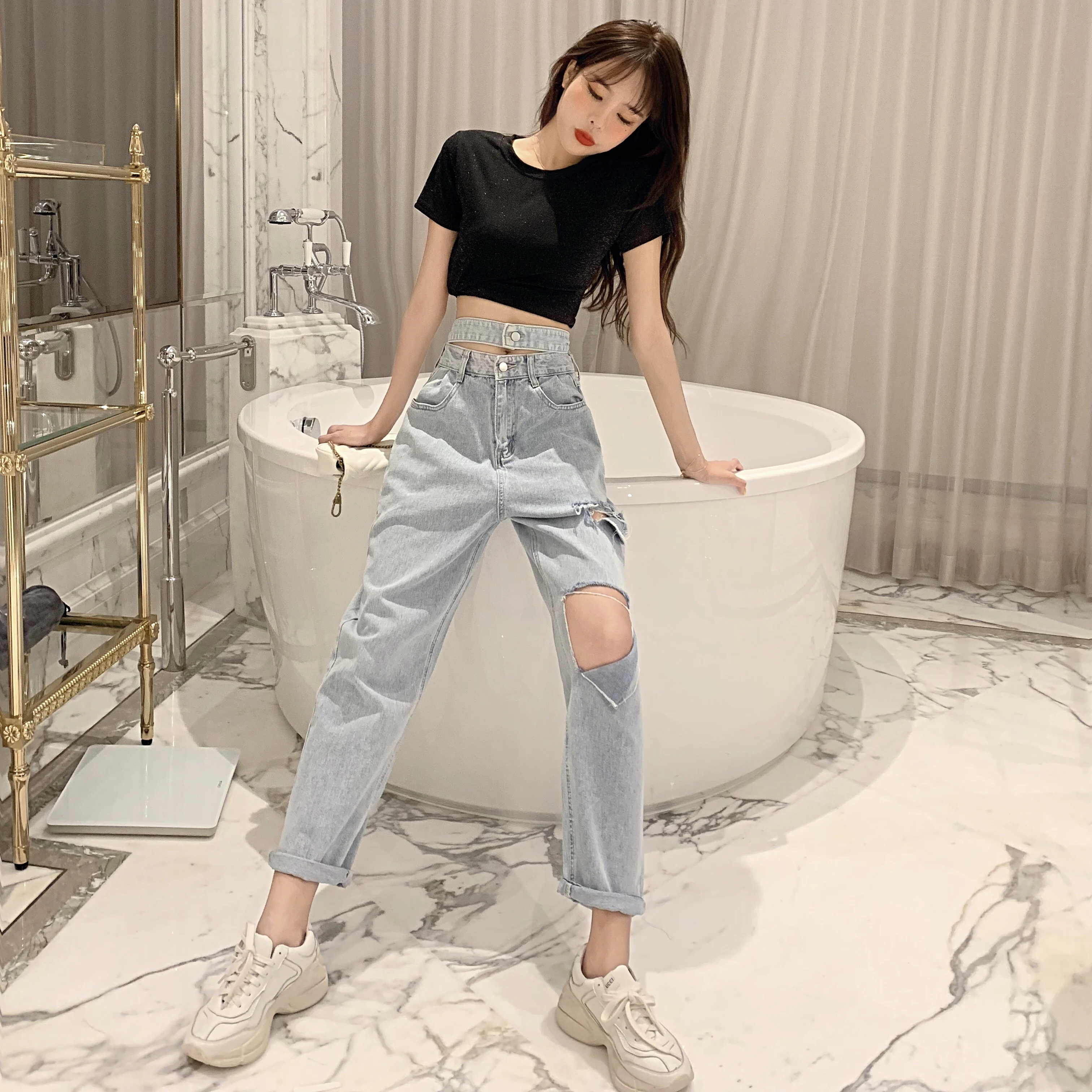 Novo, Svetlo Modra Luknja Jeans Ženska 2020 Novo Poletje Visoko Pasu Ulica Svoboden Denim Naravnost Hlače Ženska Elegantna Korejski Moda Jean