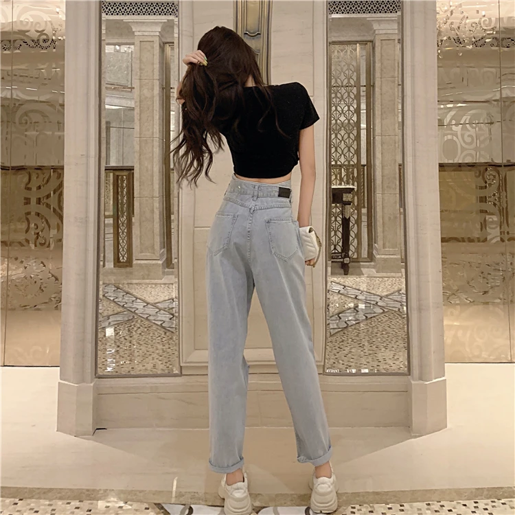 Novo, Svetlo Modra Luknja Jeans Ženska 2020 Novo Poletje Visoko Pasu Ulica Svoboden Denim Naravnost Hlače Ženska Elegantna Korejski Moda Jean