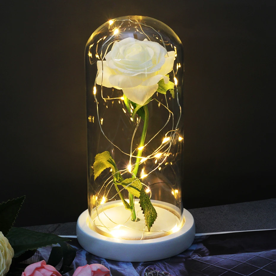 Novo Valentinovo Darilo LED Luči Rose Gold Plated Rdeča Steklena Kupola Belle In Zver Vrtnice Za Mater Dan svate