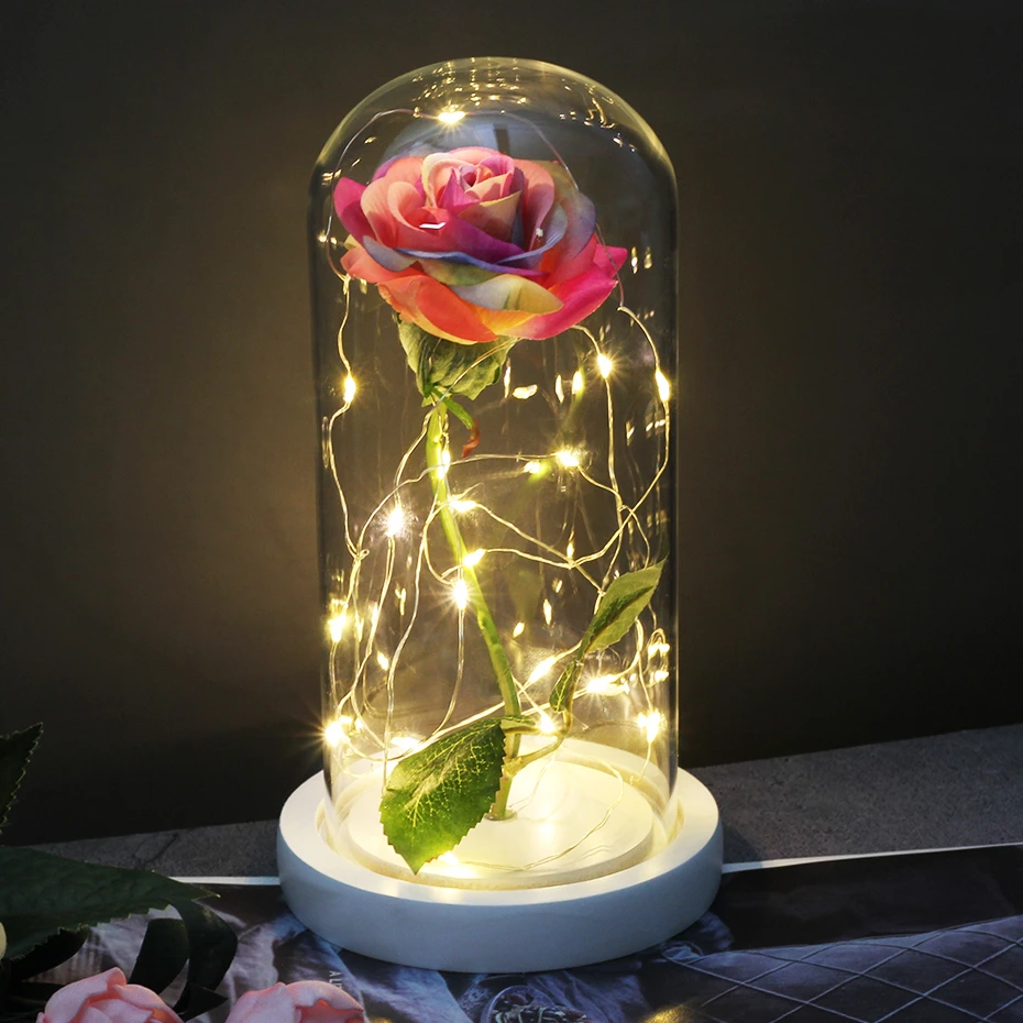 Novo Valentinovo Darilo LED Luči Rose Gold Plated Rdeča Steklena Kupola Belle In Zver Vrtnice Za Mater Dan svate