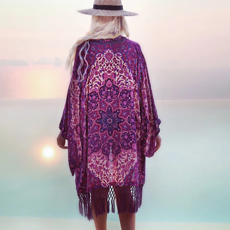 Novo Šifon Obleko Z Tassel Vijolično Kratek Rokav Mini Jopico Obleko Plus Velikost Vestidos Mujer 2021 Počitnice Plaža Obleko