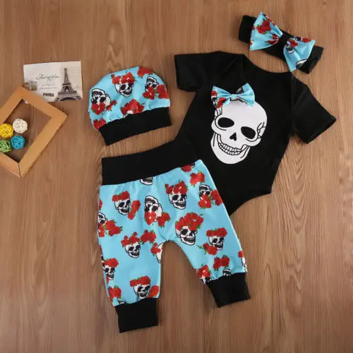 Novorojenega Dojenčka Baby Boy Kratek Rokav Lobanje Jumpsuit Romper +Cvetlični Dolge Hlače+Klobuk+Glavo, Obleko Set