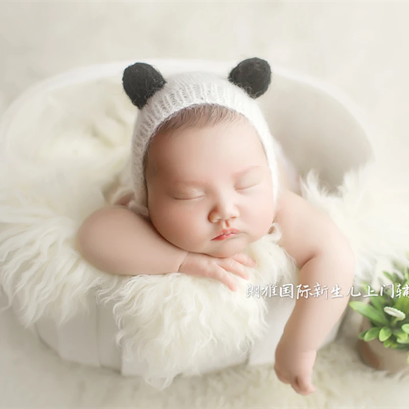 Novorojenček Plesti Angora Bonnet In Igrače Panda Ročno Pletene Moher Klobuk Z Ušesi Novorojenčka Fotografija Rekviziti