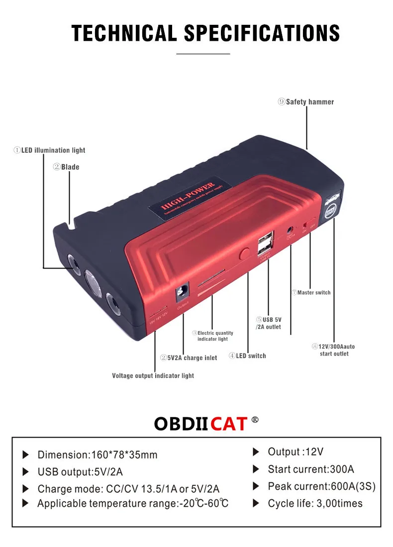OBDIICAT-D5 Visoke Kakovosti Skok Avto Jump Starter Auto Nujne Za Zagon Avto v Sili Samodejno Baterija Visoke zmogljivosti Moči Banke