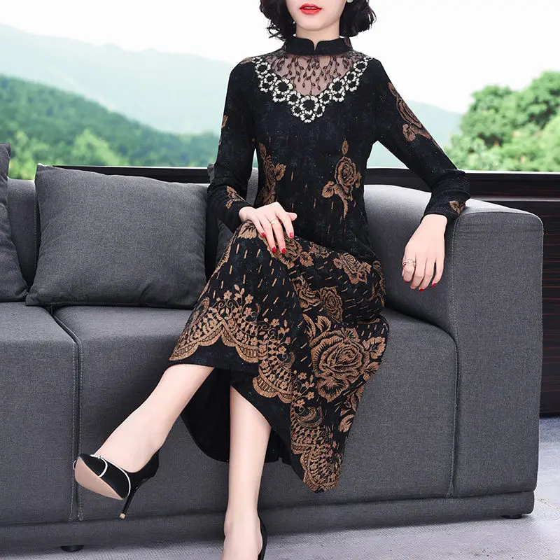 Oblačila 2020 Jeseni Plus Velikost Tiskanja Slim Mati Obleko Retro Čipke Votlih Iz Mozaik Cvet Elegantna Dama Vestidos 4XL y650