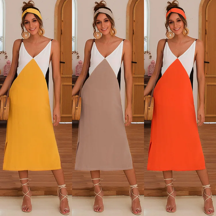 Oblačila OWLPRINCESS 2020 Poletje Moda Šivanje Kontrast Barve Seksi Naramnice Proti-vrat Obleko