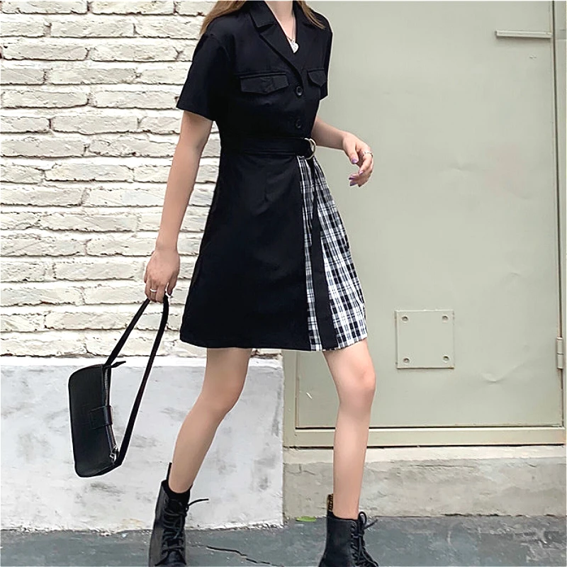 Obleka Ženske Elegantna Poletje Črna Mozaik Visoko Pasu Moda Proti-Vrat Femme Kratke Obleke Gumb Korejski Priložnostne Mehko Lady Ulične