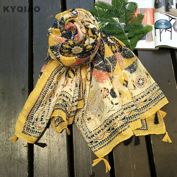Oblikovalec rumen šal za ženske jesen pomlad Tajskem slogu sladko sveže dolgo rumeno geometrijske tiskanja rute cape šal