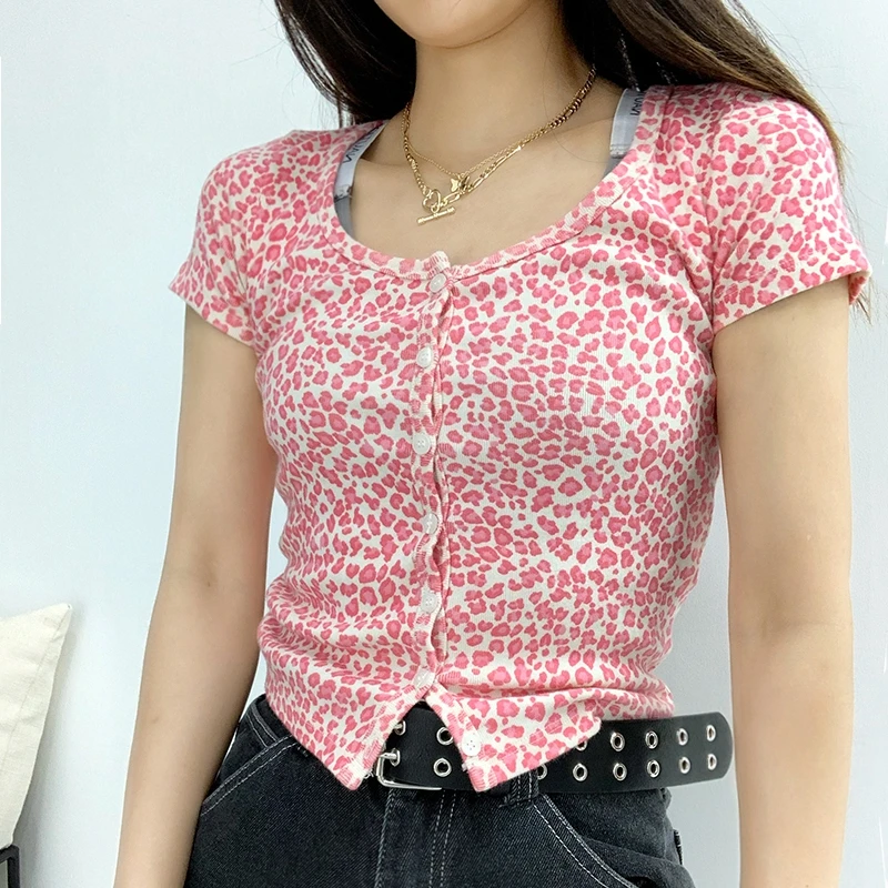 Obreži zgoraj majica sexy leopard majica kratek rokav grafični majice s kratkimi rokavi ženske letnik gumb gor majico priložnostne leopard tiskanja zgornji del ženske