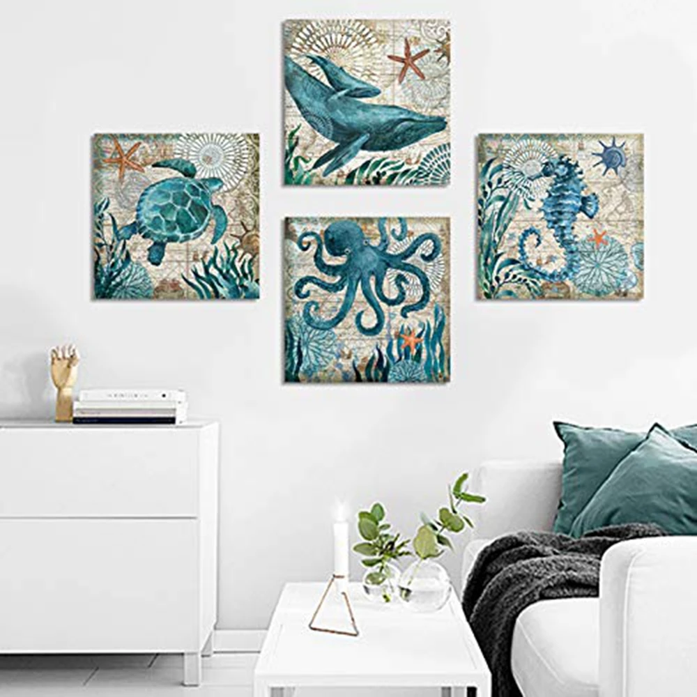 Ocean Temo Platno Fotografij Morskih Živali Hobotnica Želva Seahorse Kita Wall Art Slike Po Meri, Plakati, Kopalnica Dekor Padec Ladijskega Prometa