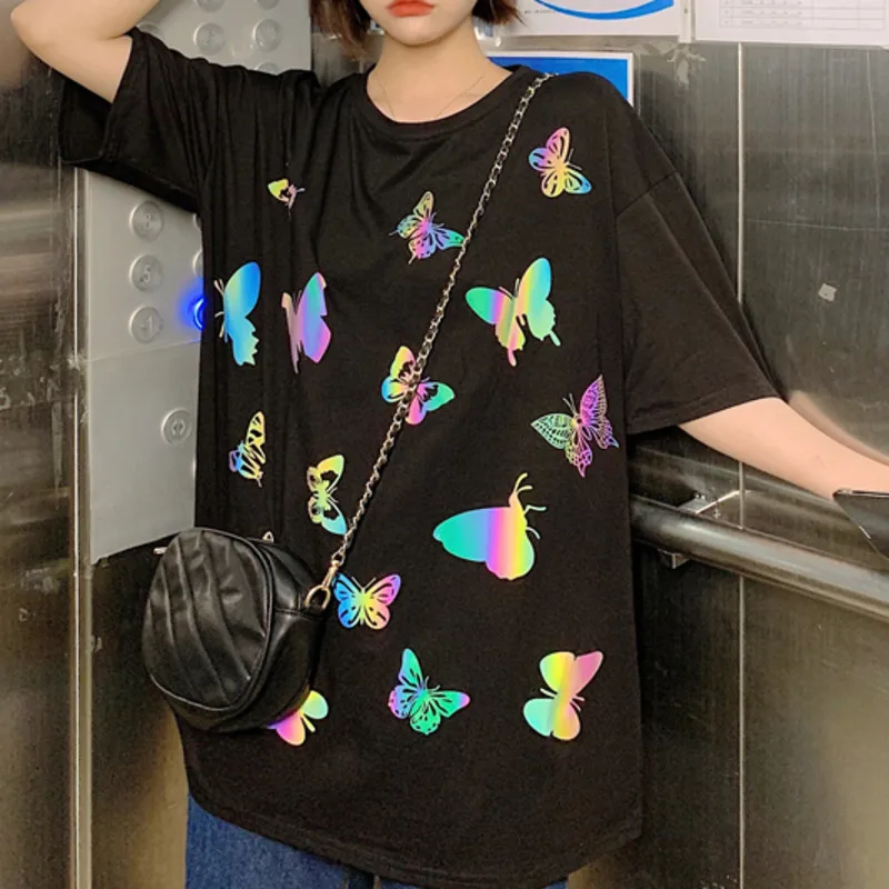 Odsevni Metulja Print Harajuku Črno Bele Majice Kratek Rokav Tee Street Fashion Ženska T-shirt ie Ujemajo Oblačila