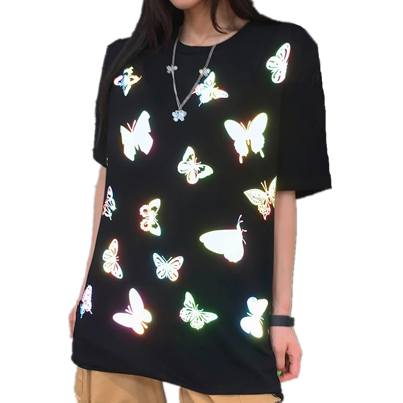 Odsevni Metulja Print Harajuku Črno Bele Majice Kratek Rokav Tee Street Fashion Ženska T-shirt ie Ujemajo Oblačila
