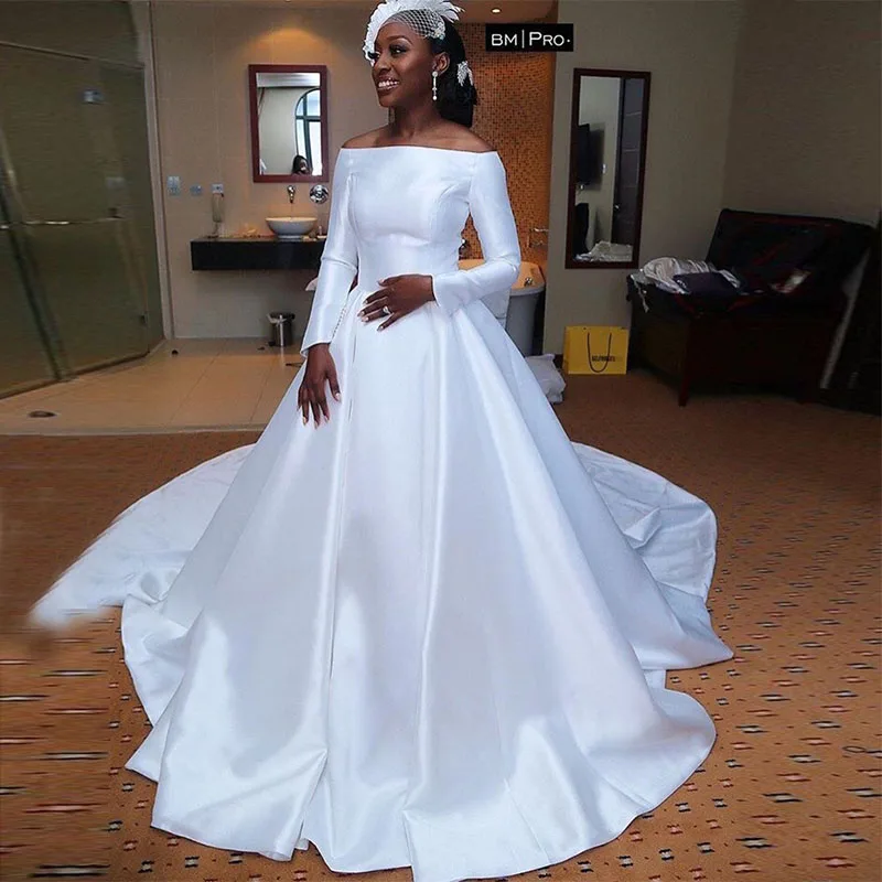 Off Ramenski Afriške Poročno Obleko Z Dolgimi Rokavi Bele Poročne Halje Princesa A-line vestidos de novia Poroka Oblek Nova