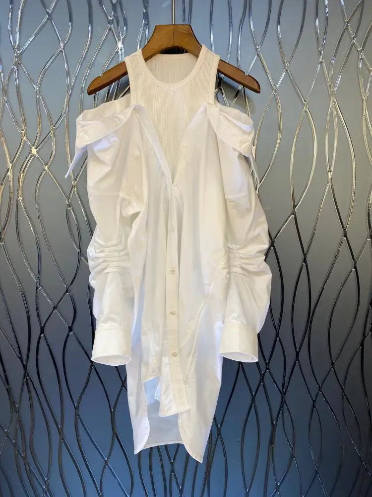 Off-Ramo Ženske Ponaredek Dva-Kos Majica Mini Obleka Lady O-Vratu Naguban Rokav Bombaž Pismo Vezenje Kratek Mozaik Obleke