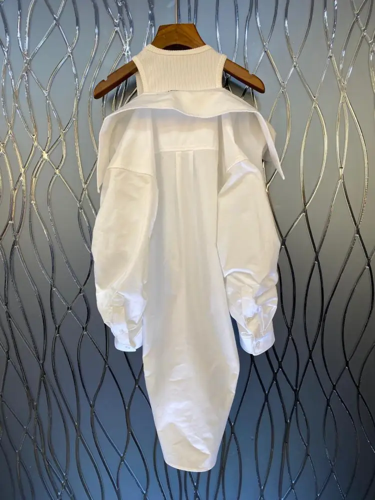 Off-Ramo Ženske Ponaredek Dva-Kos Majica Mini Obleka Lady O-Vratu Naguban Rokav Bombaž Pismo Vezenje Kratek Mozaik Obleke