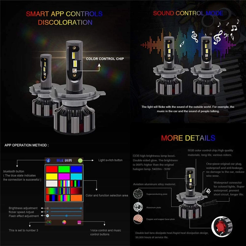 OKEEN RGB H7 LED smerniki APLIKACIJO Bluetooth Telefonski Glasbe za Nadzor H1 H3 H8 H11 HB3 HB4 LED Žaromet muticolor Žarnice H4 LED 12V Avto