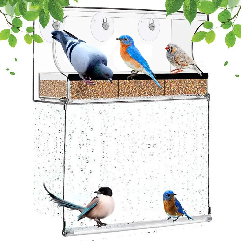 Okno Podajalnik Ptic z veliko Sesalno Skodelice in Semena Pladenj Veliko Zunaj Visi Bird House Kompleti Odtočne Luknje Dodatne 3 Sesalne Skodelice