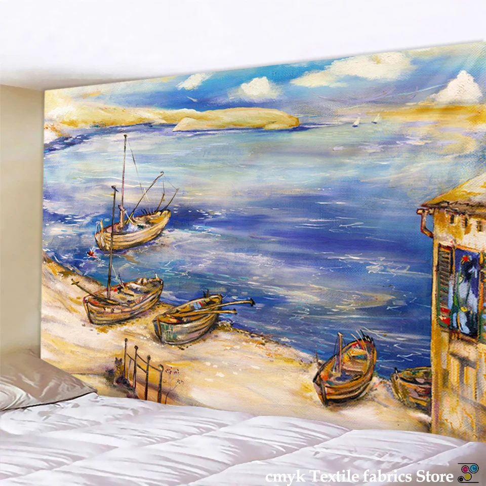 Oljna Slika, Luna Harbor Ribiško Ladjo Tapiserija, Dekoracijo Sten Krpo Tapiserije Steni Visi Plaži Odejo Umetnosti Slikarstva Tapiserija