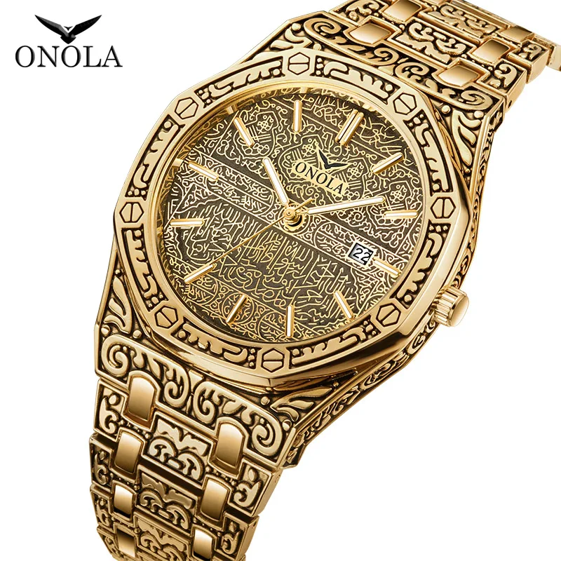 ONOLA Retro Moda Cusual Quartz ročno uro Letnik Golden Watch Moški Dan Zlata Luksuzni Klasičnih Človek Ure Vodotesna Ura