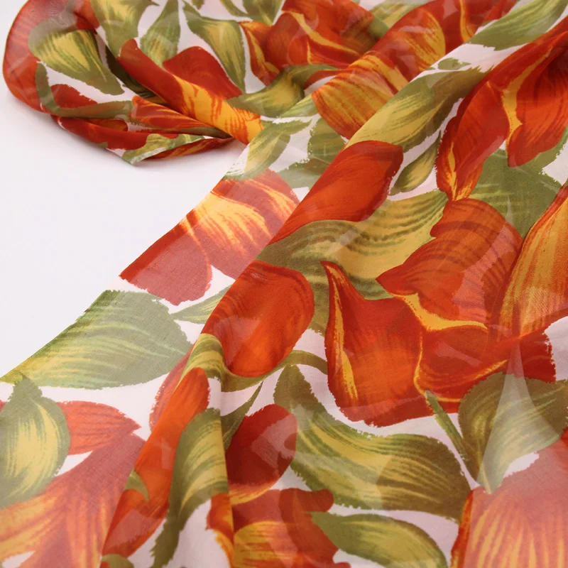 Oranžna cvjetnim tiskanja čista svila šifon svilene tkanine, naravne svile tkanine za obleko,SCF162