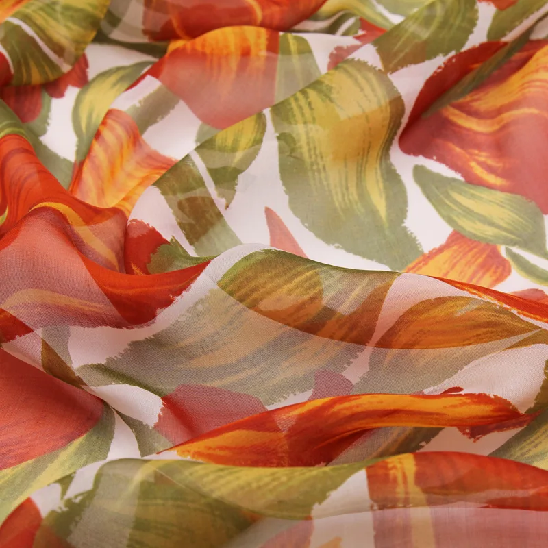 Oranžna cvjetnim tiskanja čista svila šifon svilene tkanine, naravne svile tkanine za obleko,SCF162