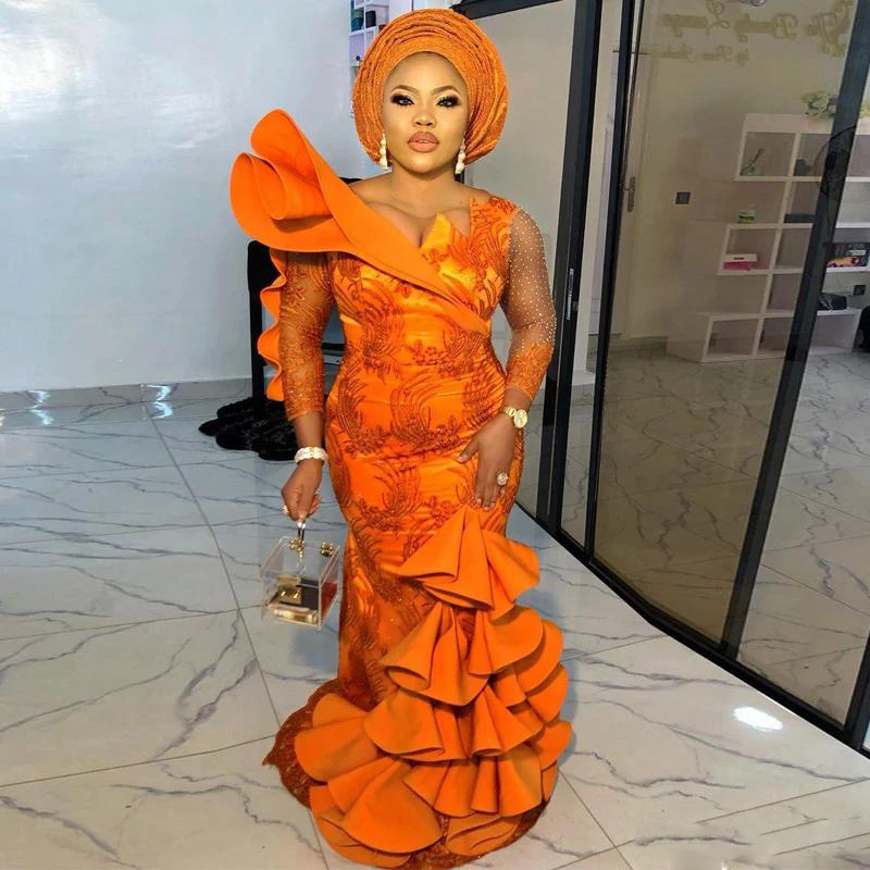 Oranžna morska deklica Afriki Prom Obleke z Dolgimi Rokavi Čipke Appliques Beaded Večer Stranka Obleke Ruffles Dolgo Obleka za Posebne Priložnosti