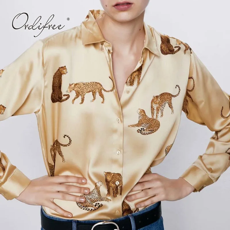 Ordifree 2021 Poletne Ulične Ženske Saten Majica Bluzo Z Dolgimi Rokavi Živali Tiskanja Modna Ženska Majica Vrhovi
