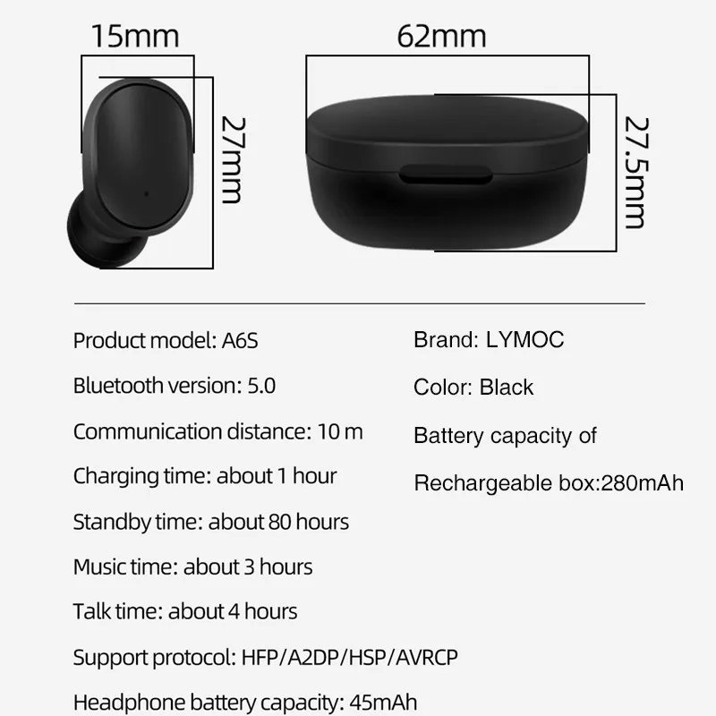 Original A6s Mini Brezžična Čepkov Za Redmi Airdots Xiaomi Slušalke TWS Bluetooth 5.0 Slušalke Stereo Bas Čepkov AI Nadzor