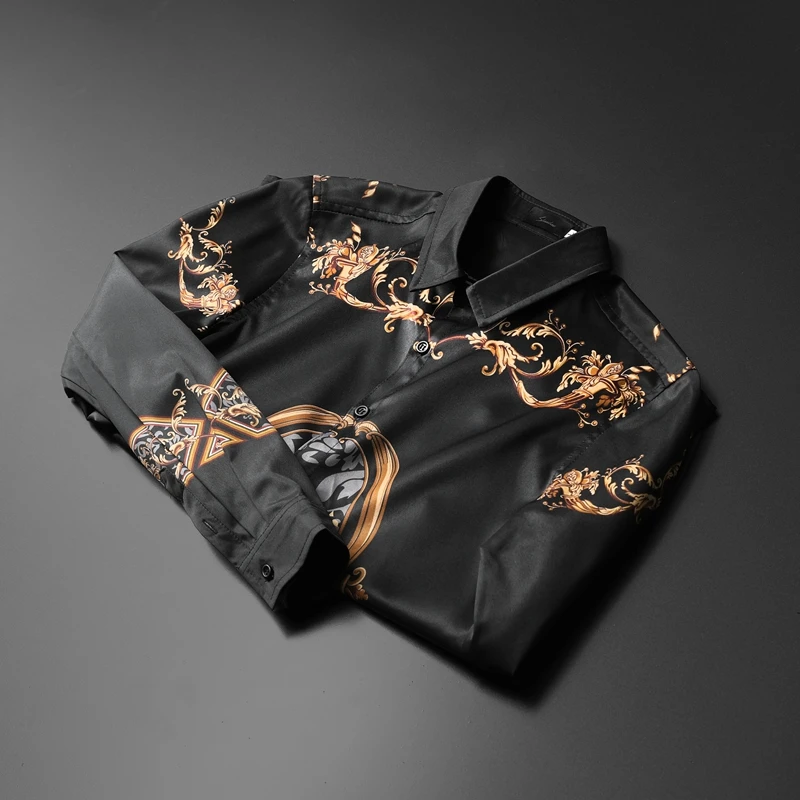 Osebnost cvet tiskanja punk stil moški modni trend slim dolgo sleeved majico 2020 jeseni novo blagovno znamko oblačil svilnato majica črna