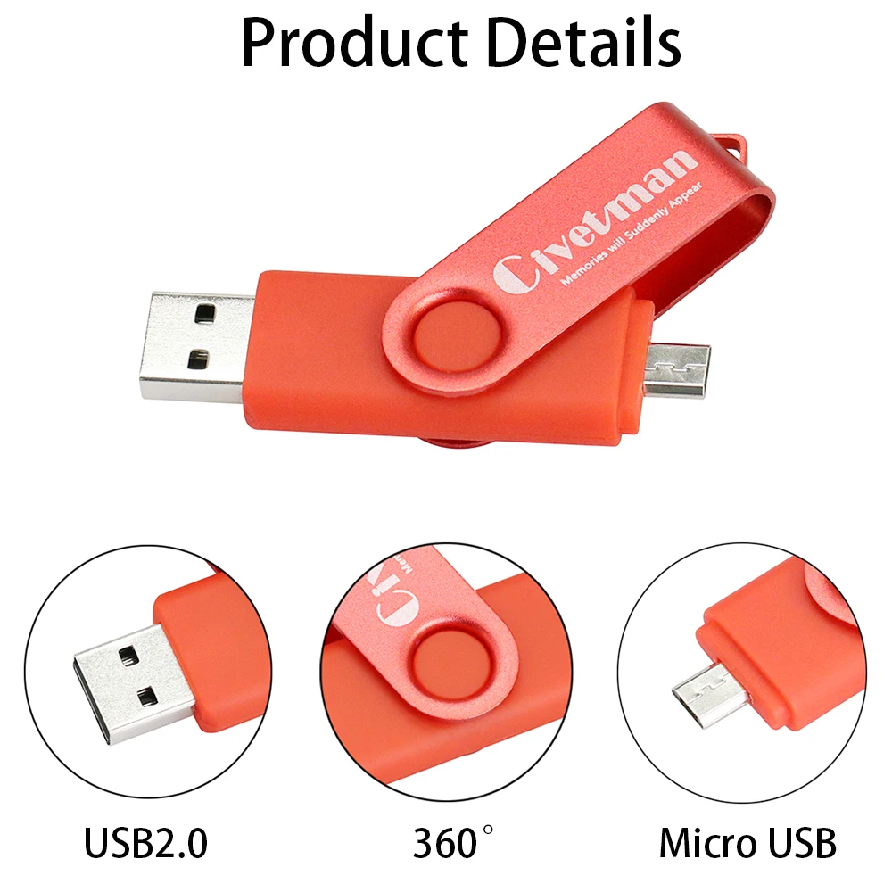 OTG Micro USB Flash Drive Kovinski Vrtenja Pen Drive 8GB 16GB 32GB 64GB 128GB USB 2.0 Flash Memory Stick Pendrive Za Pametni Telefon