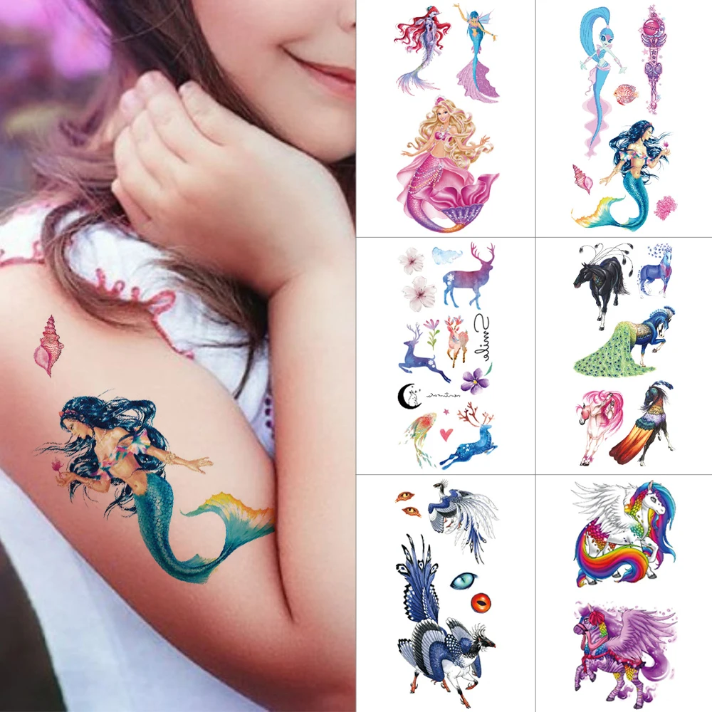 Otroci 3d začasni tattoo nalepke morska deklica princesa Flower Fairy Telesu tattoo Ponija pav Nepremočljiva Otroke, risanka tatoo