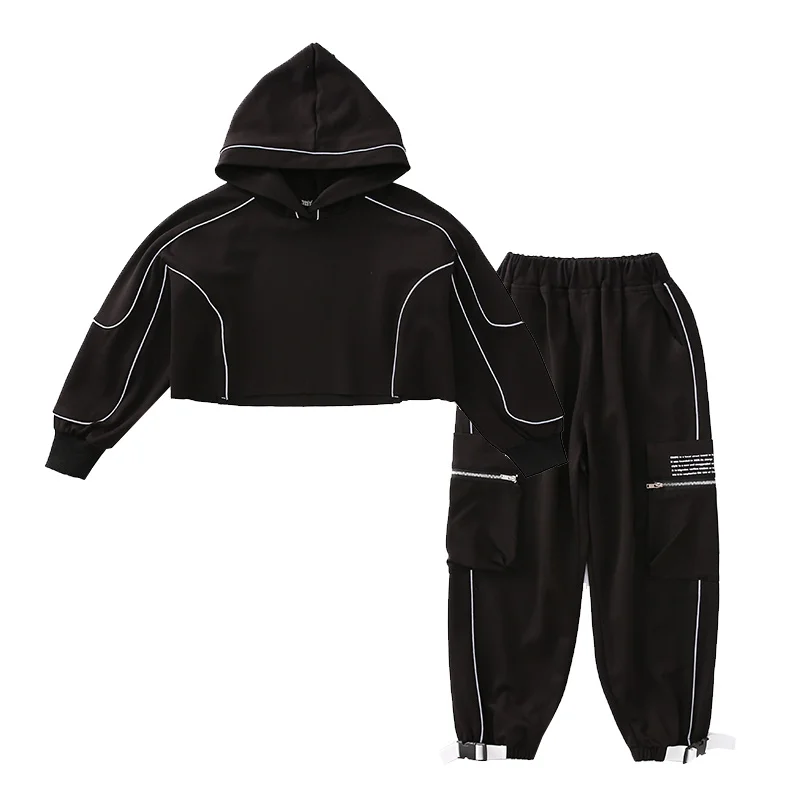 Otroci Dekleta Določa Črn pulover s kapuco Sweatshirts Odsevni trak Sweatpant 2pcs Obleke Harem Hlače Športne Obleke Hip hop Trenirko 2020