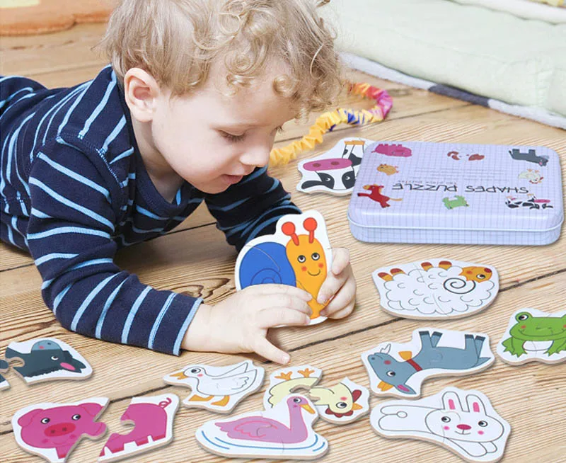 Otroci Lesene Puzzle Igrače Otroška Knjiga Ugank Za Malčke Začetku Izobraževalne Uganke Kognitivne Živali Insektov Sestavljanke Z Kovinsko Škatlo