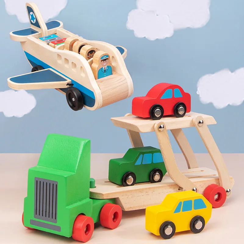 Otrok Lesene Double-Decker Tovornjak, Letalo, Prevoz Sklop Simulacije Modela Igrače otroška Lesena Izobraževalne Igrače Darila Za Otroke
