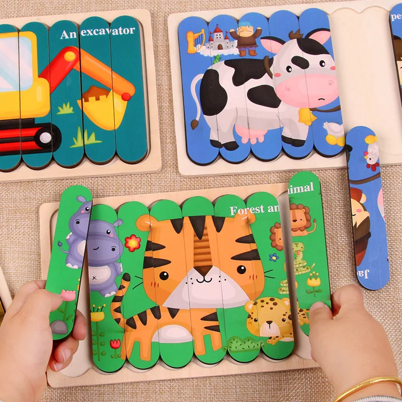 Otrok Možganov, Lesene Igrače dvostranski 3D Trakovi Živali Puzzle Pripovedujejo Zgodbe, Zlaganje Jigsaw Montessori Izobraževalne Igrače za Otroke