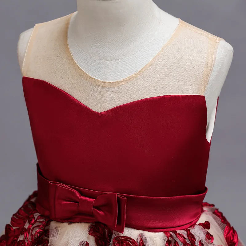 Otroška dekliška Oblačila Moda, Rdeče vino, vezenje Cvet Dekle Obleko Poročno Božič Stranka Obleko nova Princess Obleke