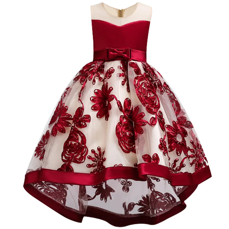 Otroška dekliška Oblačila Moda, Rdeče vino, vezenje Cvet Dekle Obleko Poročno Božič Stranka Obleko nova Princess Obleke