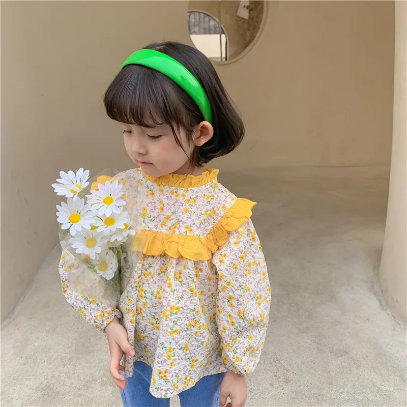 Otroška Oblačila 2021 Pomlad Dekle korejski Cvetlični Lutka Shirt Ženski Zaklad korejski Stand-Up Ovratnik Shirt Otroška Oblačila Vrh