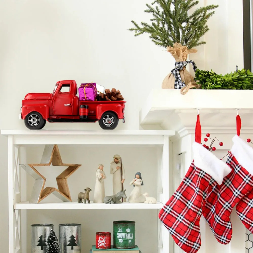 OurWarm Rdeča Kovinski Tovornjak Božično zabavo Dekoracijo Vrh Namizni Dekor za Dom, Otroke Darila Letnik Tovornjak s Premično Kolo