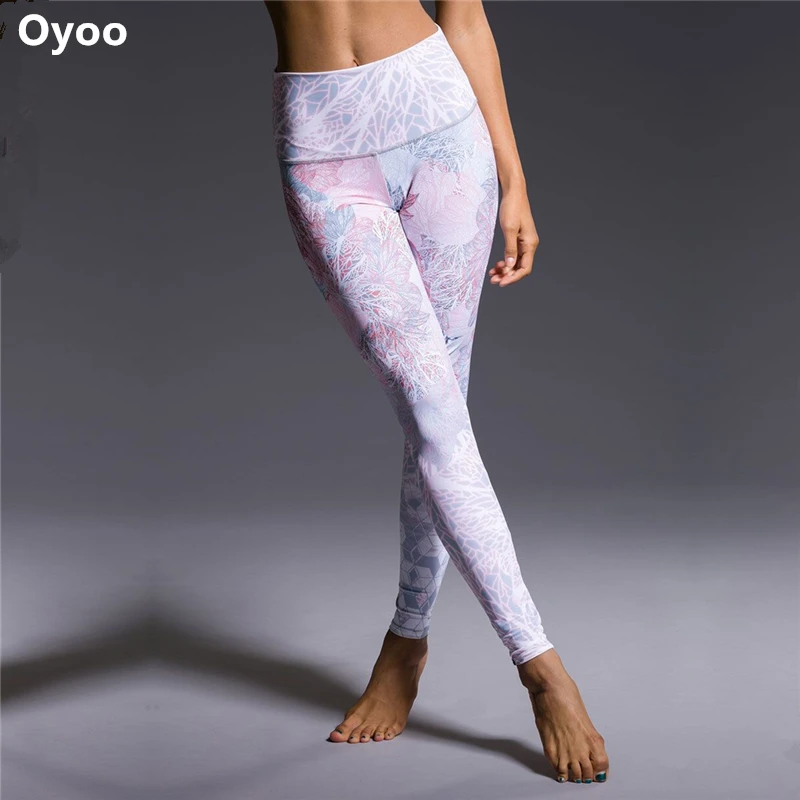 Oyoo cvjetnim tiskanja visoko pasu šport dokolenke lepe ženske trenirko širok pas joga hlače celotno dolžino fitnes legging telovadnice obrabe