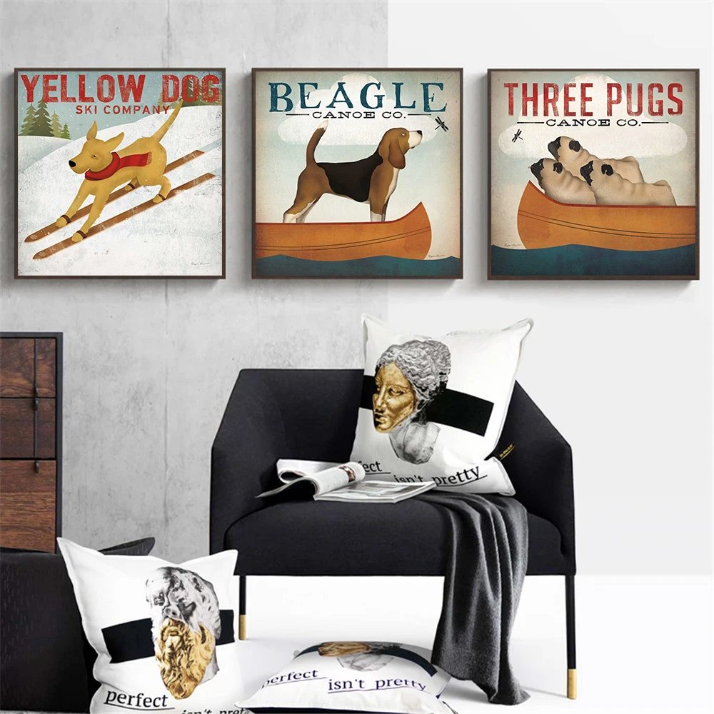 Padec Ladijskega Prometa Letnik Plakat Airedale Pugs Beagle Yellow Dog Platno Slikarstvo Visi Wall Art Otroci Soba Dekor Živali Steno Tiskanja