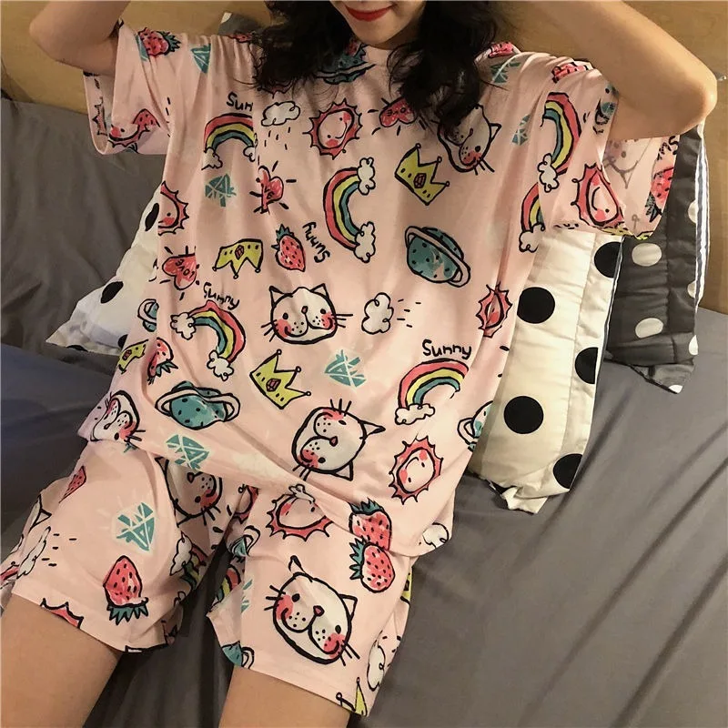 Pajama Določa Ženske Natisnjeni Kariran-dno Slim Velikosti 2XL Mehko Unisex korejskem Slogu Harajuku Sleepwear Koži prijaznih Modnih Ins