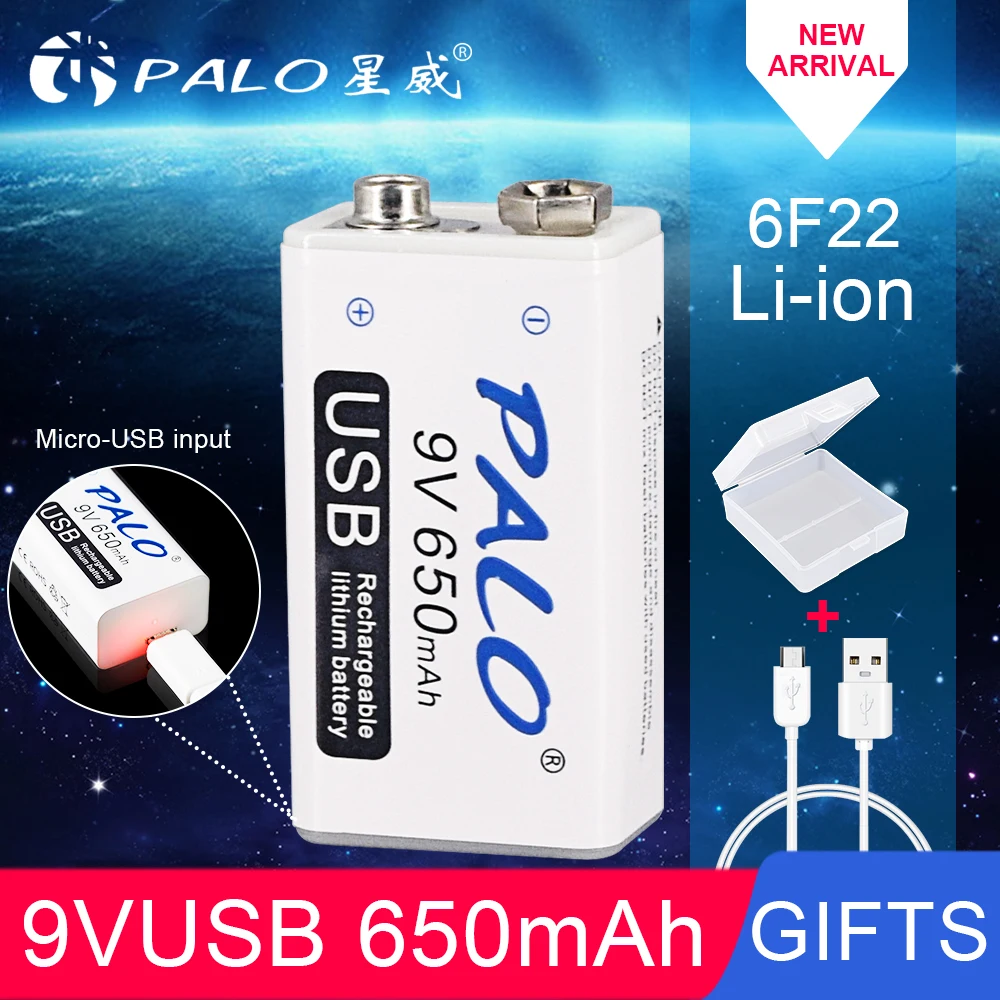 PALO 9V USB 6F22 baterija Li-ion baterija 650mAh Baterija za Polnjenje za RC Helikopter Model Mikrofon Kitara EQ Dima Alarm Multimeter