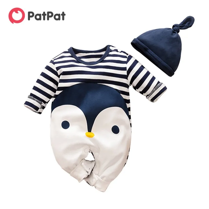 PatPat 2020 Pomlad Jesen Bombaž Priložnostne Novorojenčka Prugasta Pingvin Tiskanja Dolgimi Rokavi Jumpsuit Klobuk, ki je določena za Otroka, Temno Modra Vsebini.