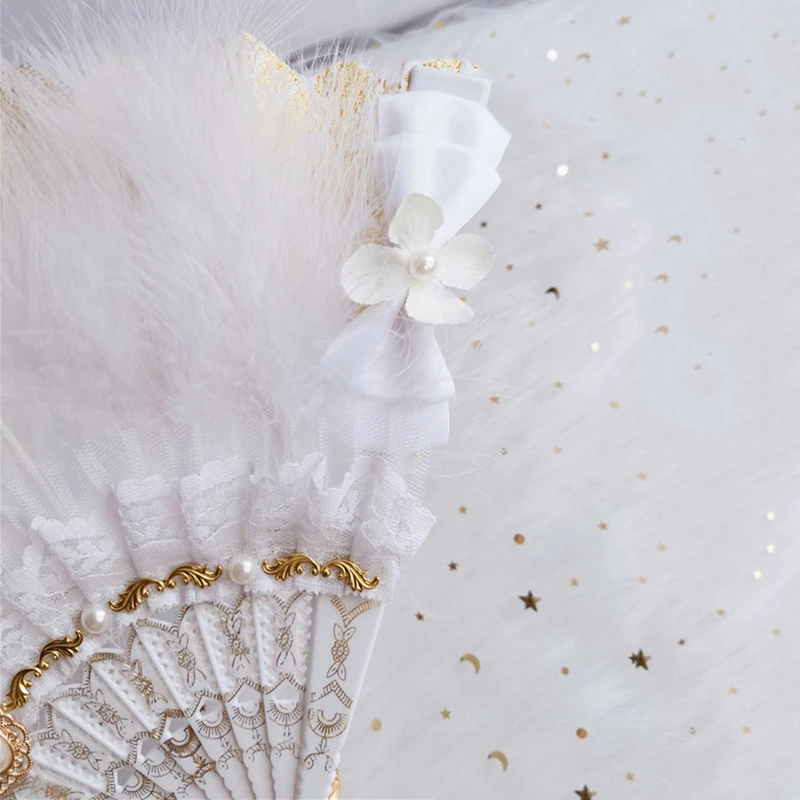 Pearl White Perje Letnik Zlato Žigosanje Zložljiva Fan Lolita Harajuku Gothic Retro Slogu Prenosni Ročno Fan Darila
