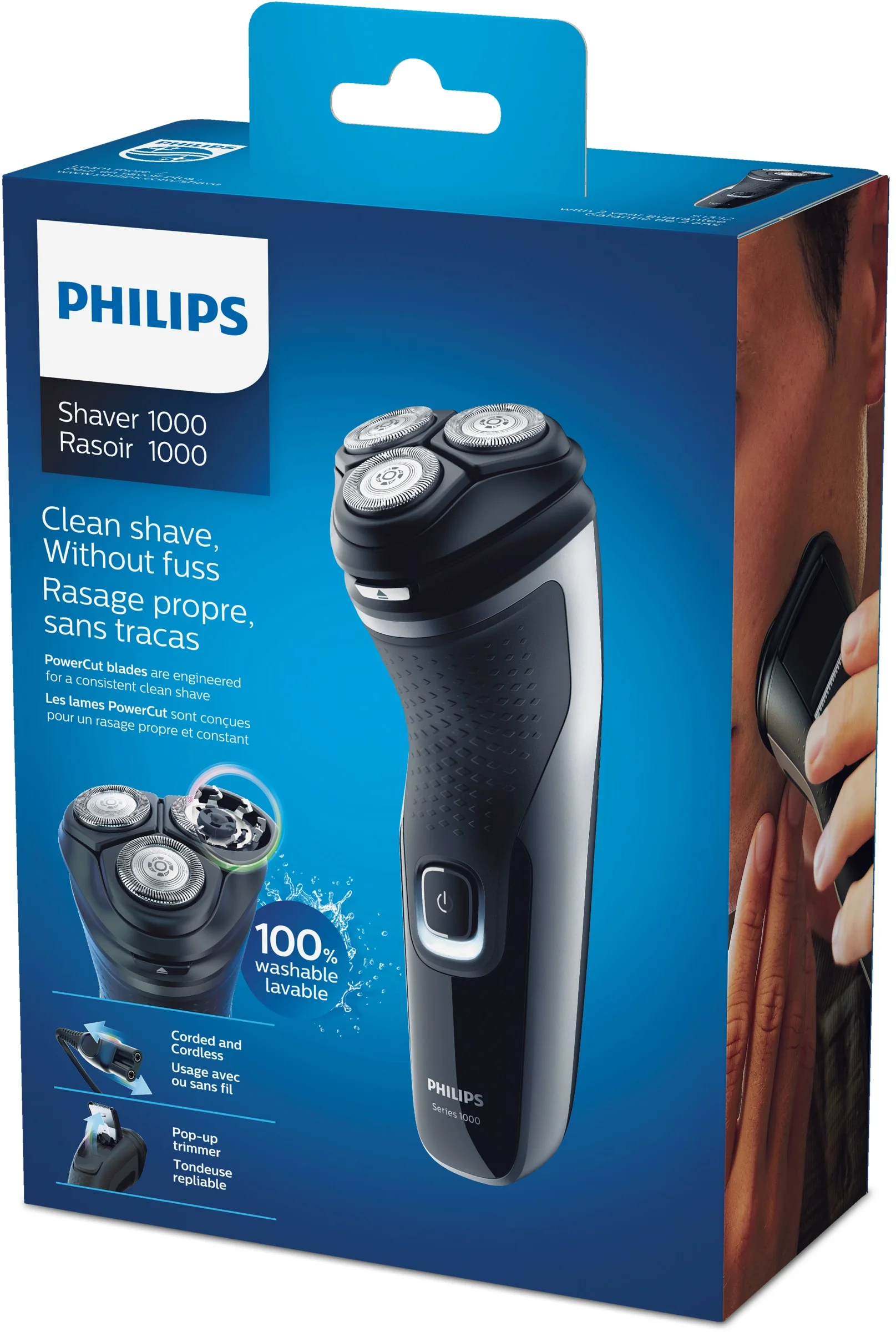 Philips, S1332/41, 1000 series, suho brivnik, za praktično in enostavno britje, uporaba z in brez kabel, baterije 45 min