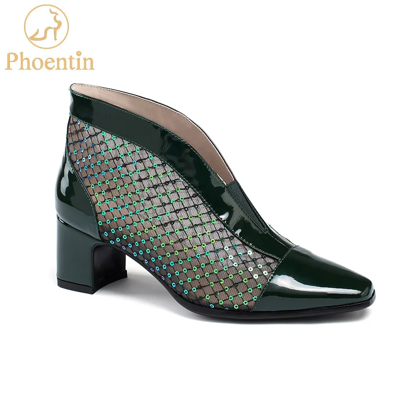 Phoentin zelena visoko-top ženske škornji poletje 2020 očesa gleženj škornji za weman sredi petah kvadratni toe bling čevlji dame rdeče FT873