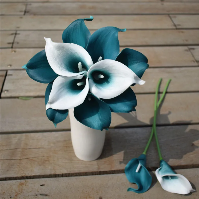 Picasso Calla Lily 10 Stebla Mini Calla Lily Šopek Modro-Zelena Modra Bela Calla Lilije Poročni Šopek Poročno Cvetje Centerpieces