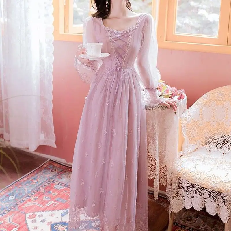 Pink_Elegant_Dress_Women_Autumn_sweet_floral_midi_dress_female_casual_lace_chiffon_bandage_fairy_dre